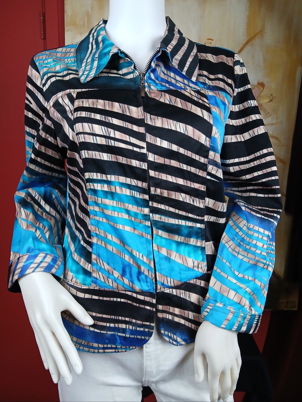Erin London Abstract Geometric Striped Zip Up Lightweight Jacket Coat Blue Tan P